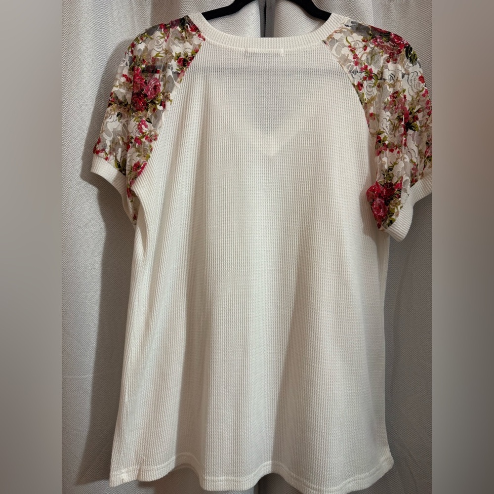 Waffle Knit Lace Floral Sleeve Top Size L Boho Cottagecore V-Neck Blouse Miholl - Picture 4 of 5